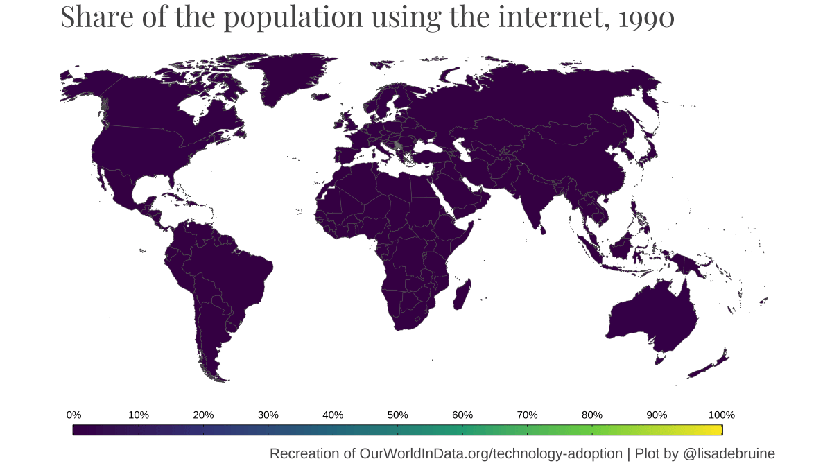 World map showing the share of the population in each country using the internet from 1990 to 2020 using colour. Animated across years.