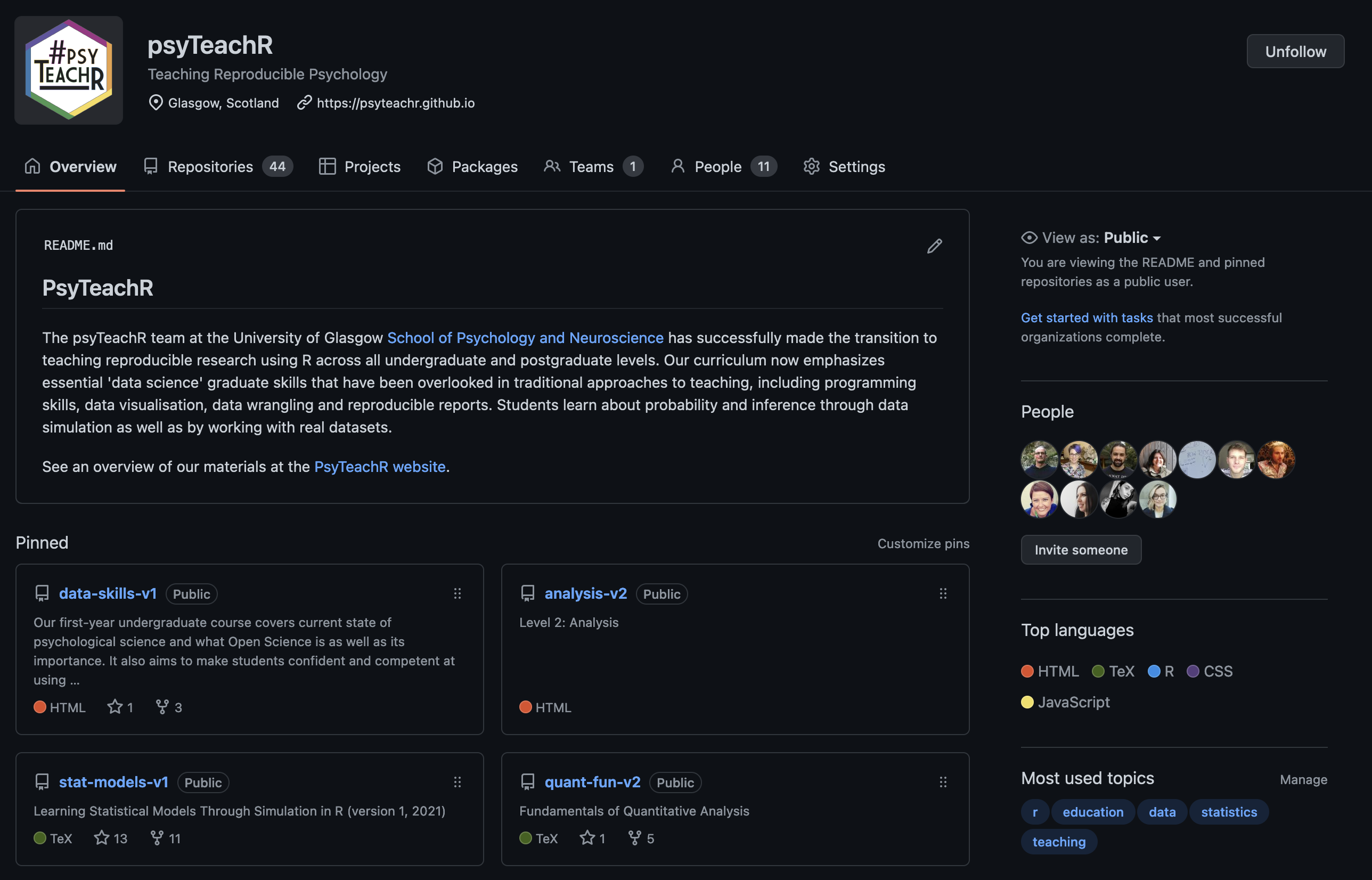 A screenshot of the GitHub interface for the PsyTeachR organisation showing the readme, pinned repositories, and members; see https://github.com/PsyTeachR for full text