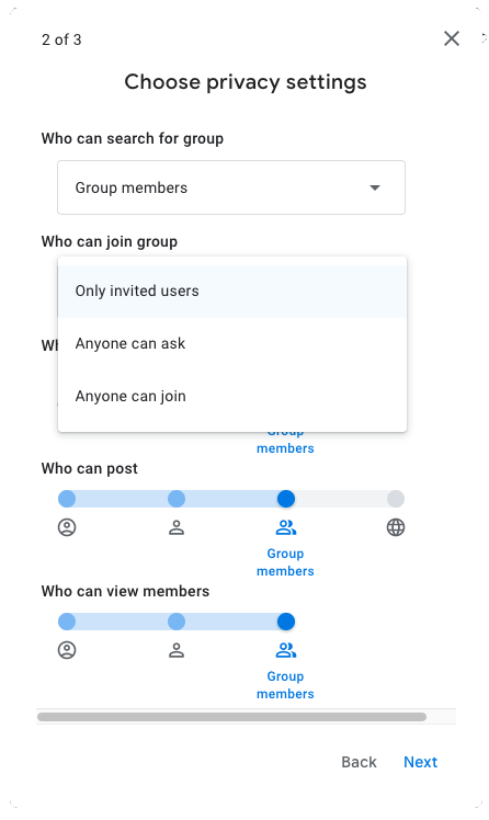 La configuración de los grupos de Google muestra las opciones de quién puede unirse al grupo: Sólo personas invitadas, Cualquiera puede preguntar, Cualquiera puede unirse