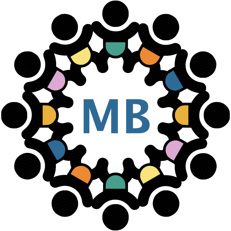 The letters MB surrounded by stylised babies holding hands with different-coloured nappies
