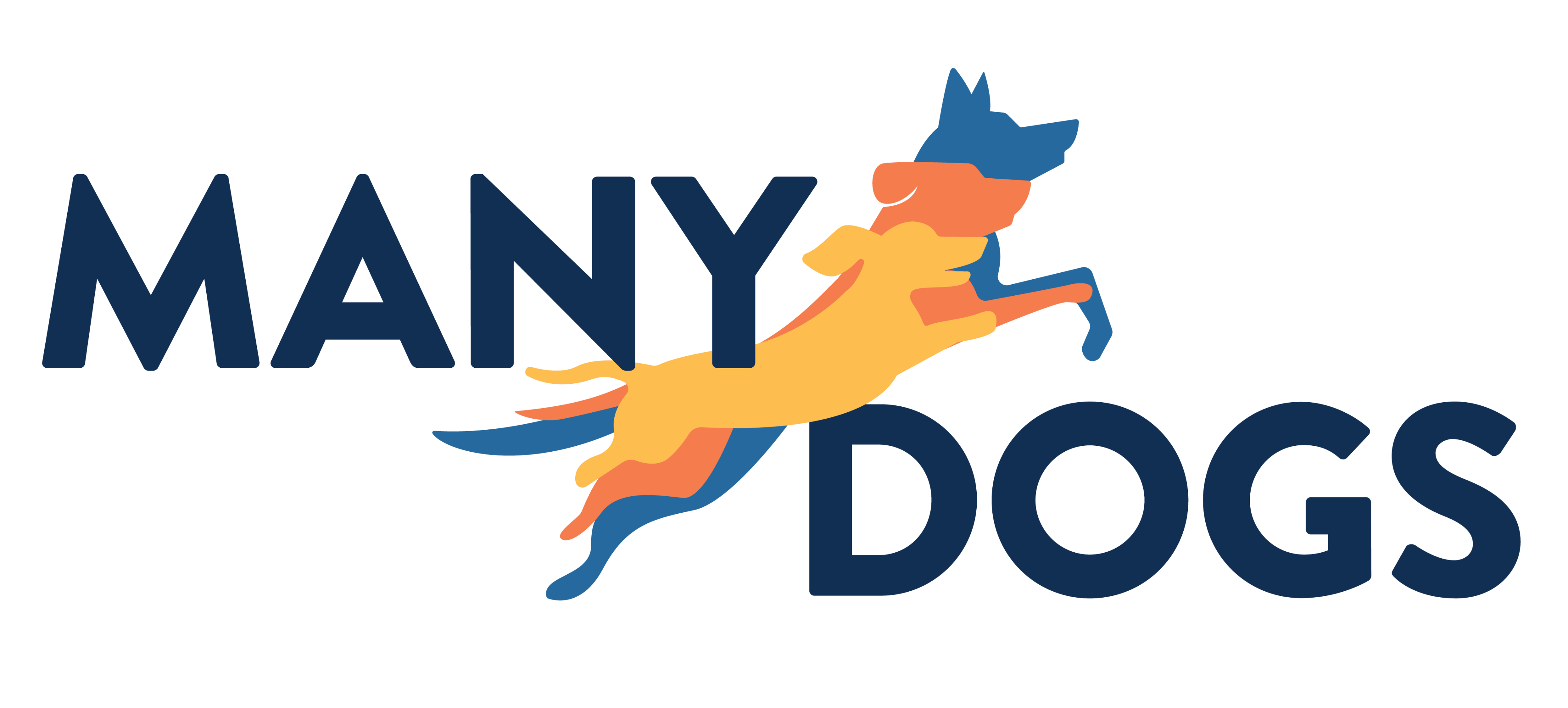 Three silhouettes of different-sized dogs leaping in the middle of the words MANY and DOGS