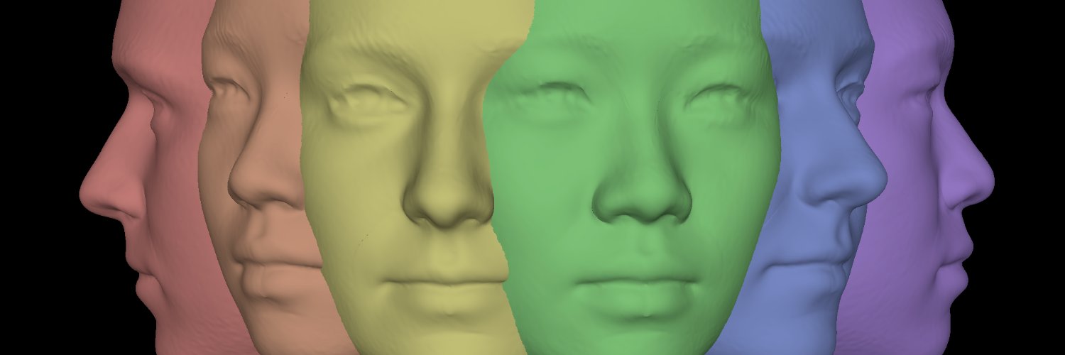 Seis caras en 3D que miran de izquierda a derecha en los colores del arco iris