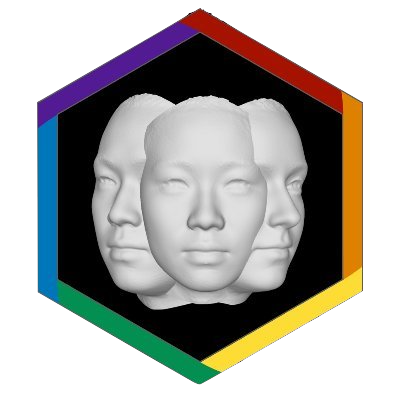 Hexágono con lados de arco iris y tres rostros humanos en 3D en el centro; los rostros son de diferentes géneros y etnias, pero representados como mármol