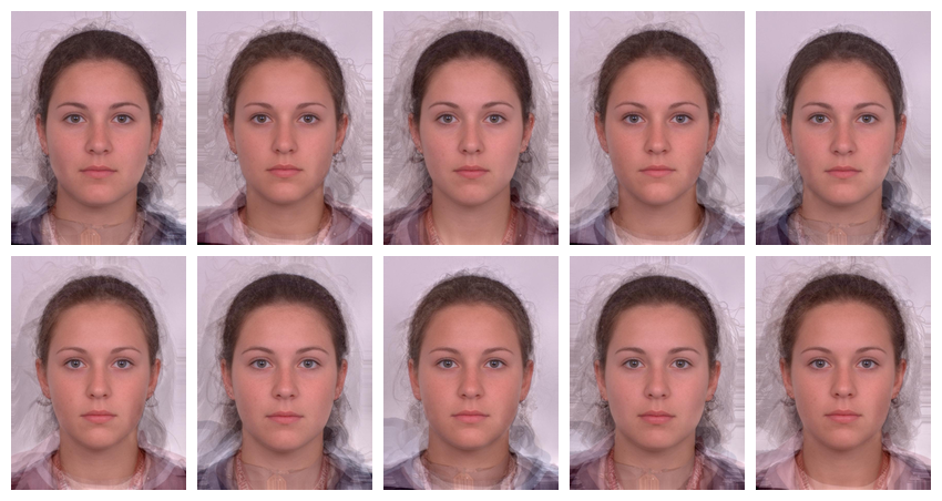 Five random pairs of composites from a sample of 20 faces (10 in each composite). Can you spot any differences?