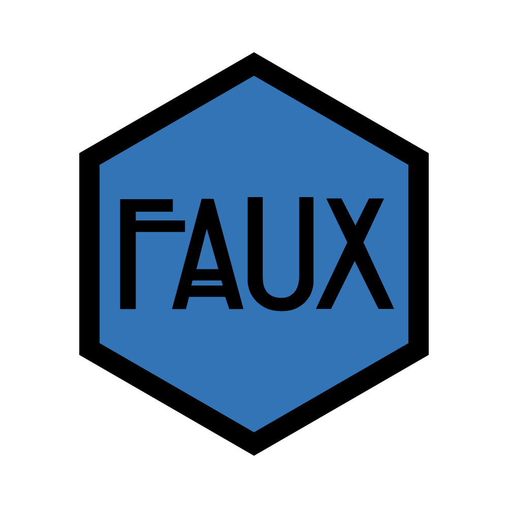 Blue hexagon with the word FAUX