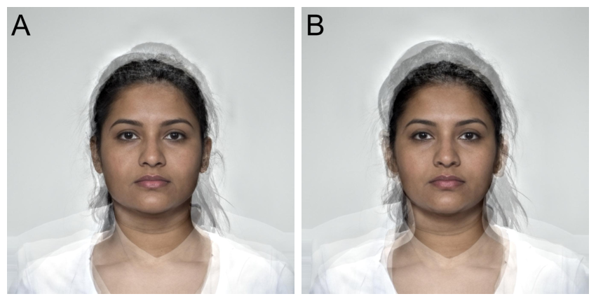 Averages of the 5 West Asian female faces. The right average has blurrier features then the left one, especially around the ears, neck and hairline.