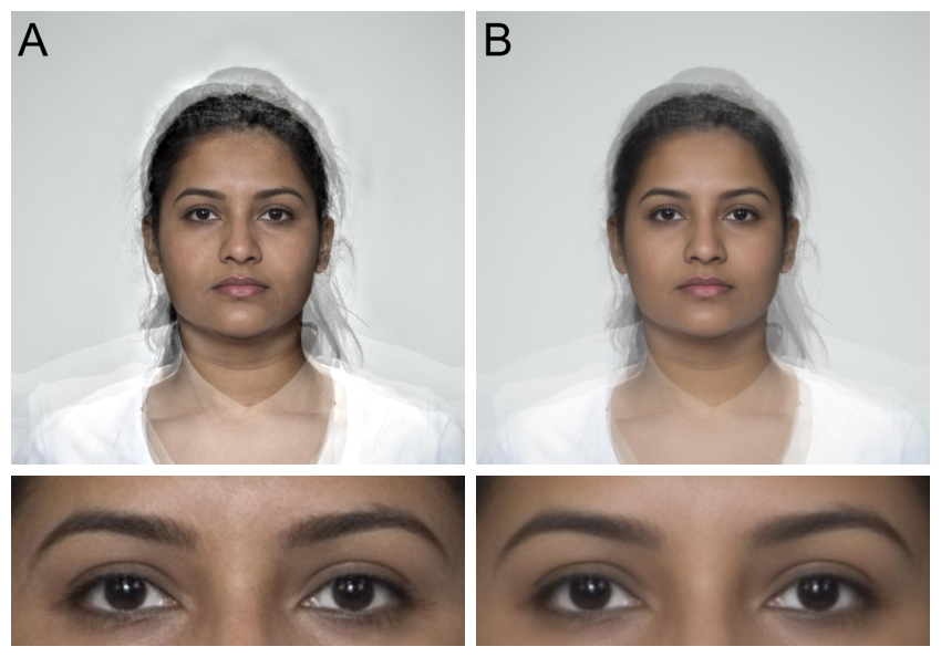 The average female West Asian face. The Top row shows the full face and the bottom row is a close-up of the eyes. The left image has cripsly defined features and skin texture, such as wrinkles and visible eyebrow hairs, while the right image has blurrier features, smoother skin, and individual hairs are not visible.