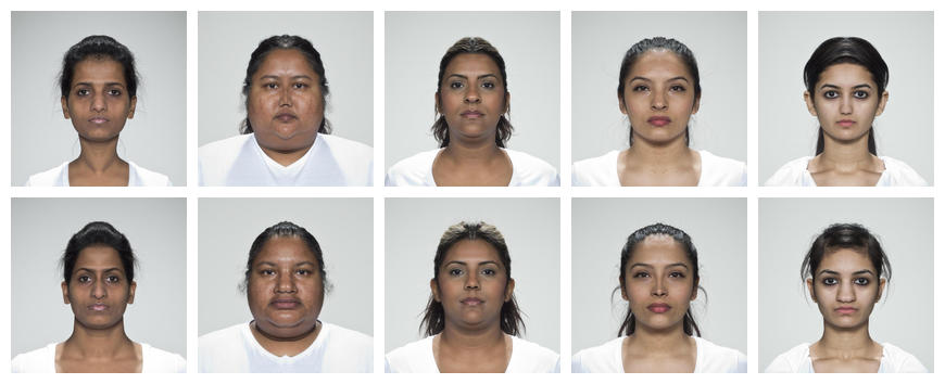 The five West Asian women shown left-left and right-right mirrored. Some look OK and others look bizarre, with unnaturally wider or narrow features.