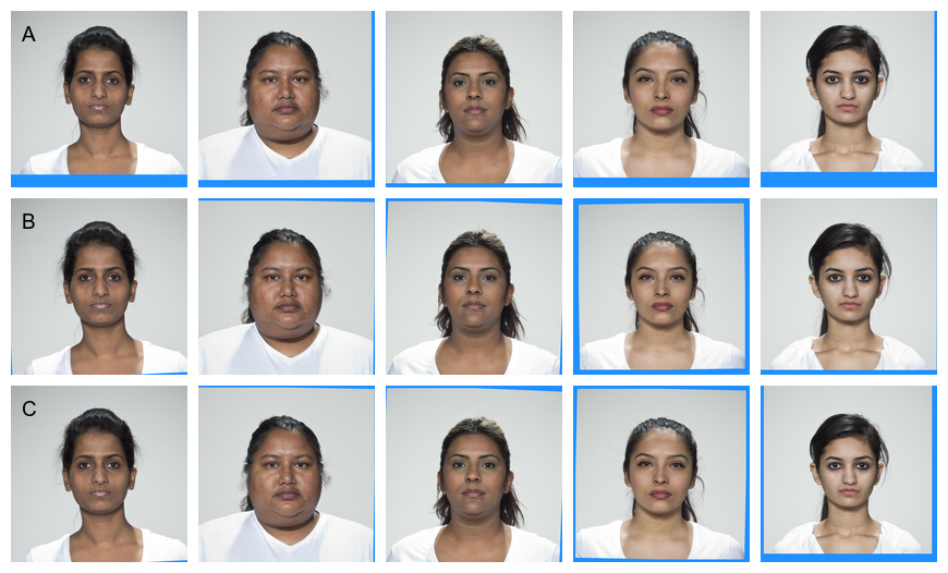 Five West Asian female faces on each row, with the alignments described in the caption.