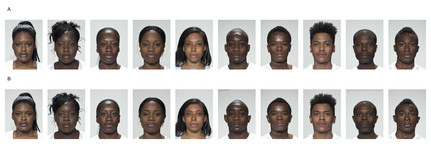 Versions of individual faces with (A) 50% feminised shape and (B) 50% masculinized shape.