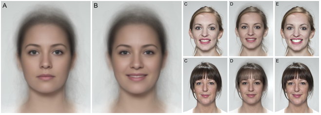 Composite (A) neutral and (B) smiling faces made from 49 indvidual neutral and smiling identities. (C) Individual smiling faces were (D) averaged with the smiling composite or (E) transformed by 50% of the shape and color differences between the neutral and smiling composites (E).