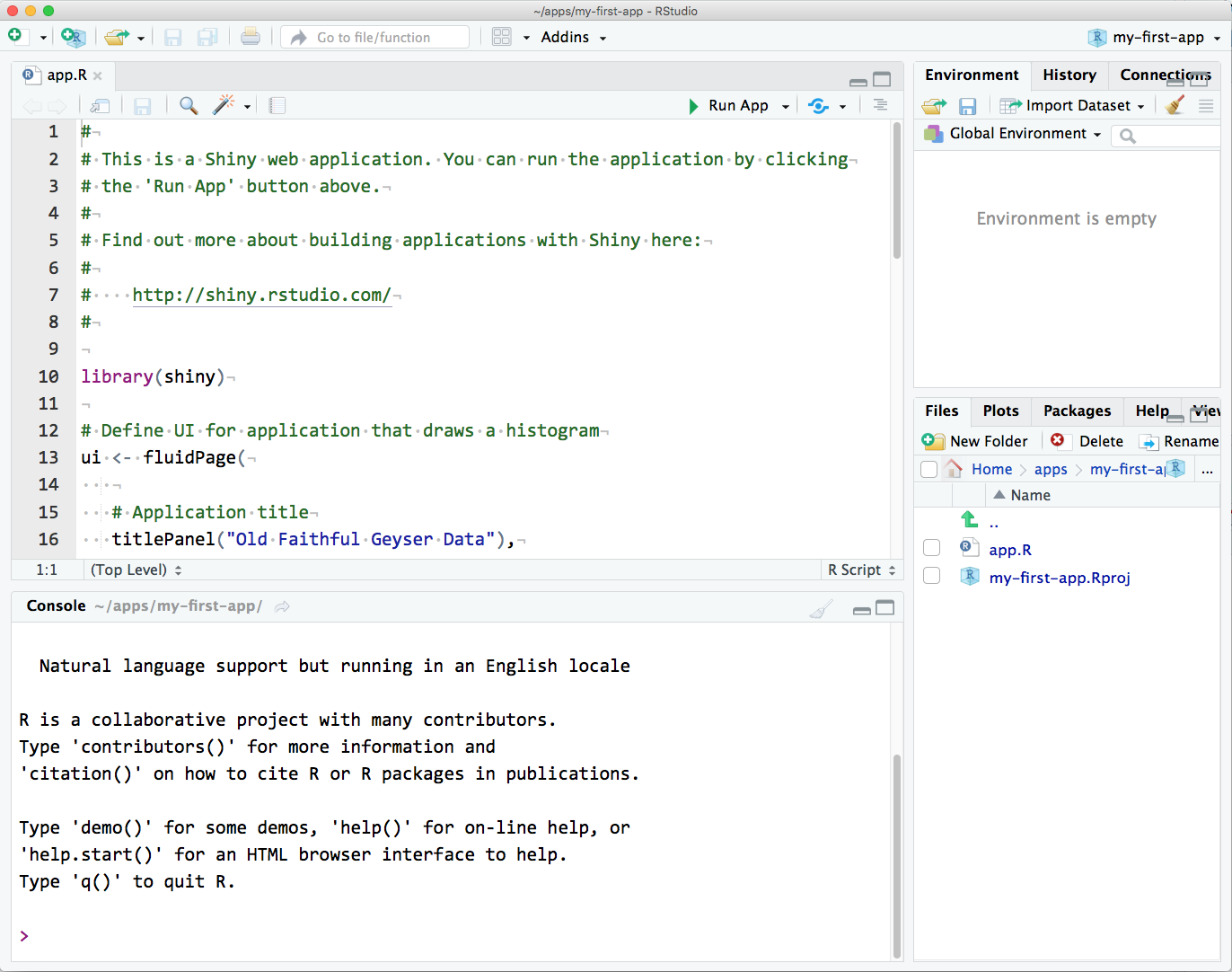 RStudio interface with the built-in demo app loaded.