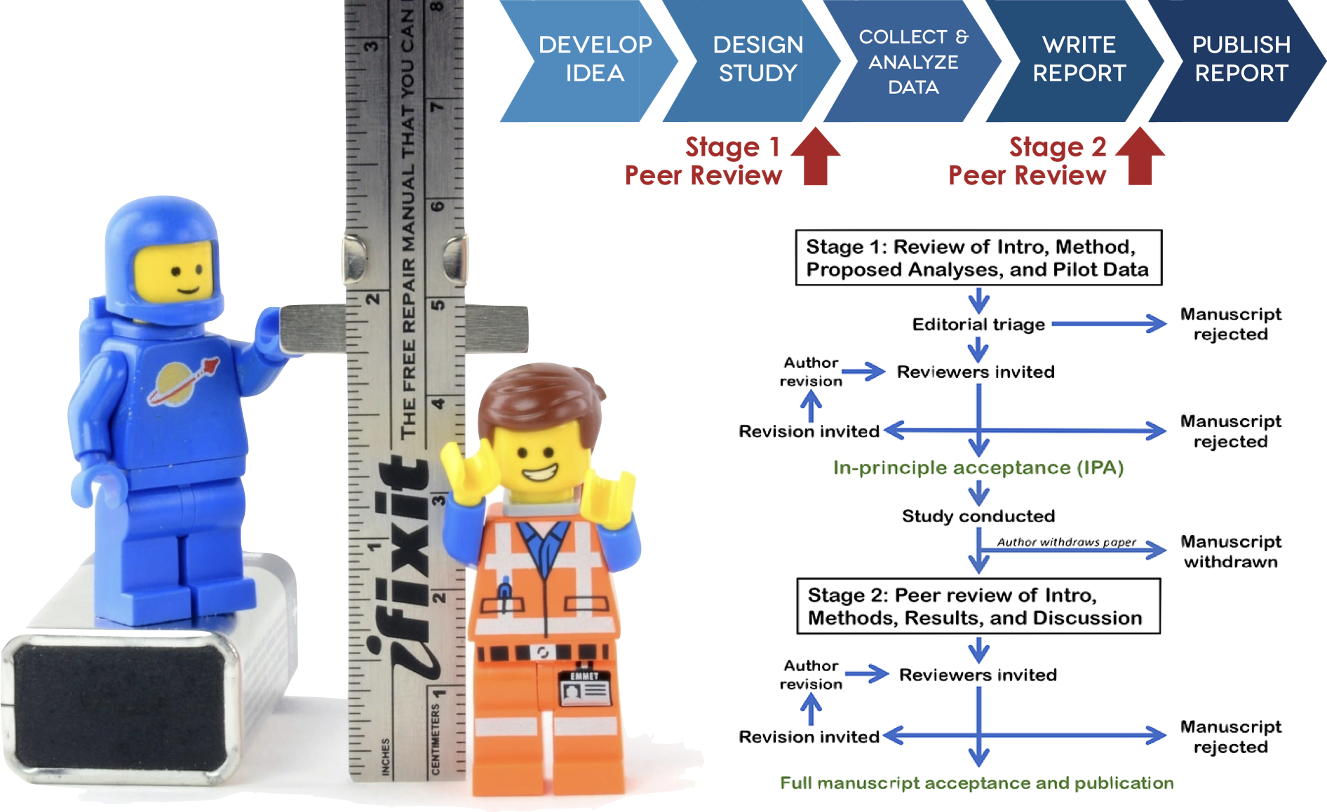 LEGO minifigs measuring each other, next to a flow chart of the RR process: Develop idea, design study, stage 1 review,  collect and analyse data, write report, stage 2 review, publish report.