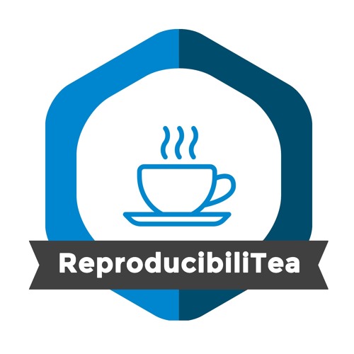 Blue hexagon with a teacup inside and the word ReproducibiliTea below
