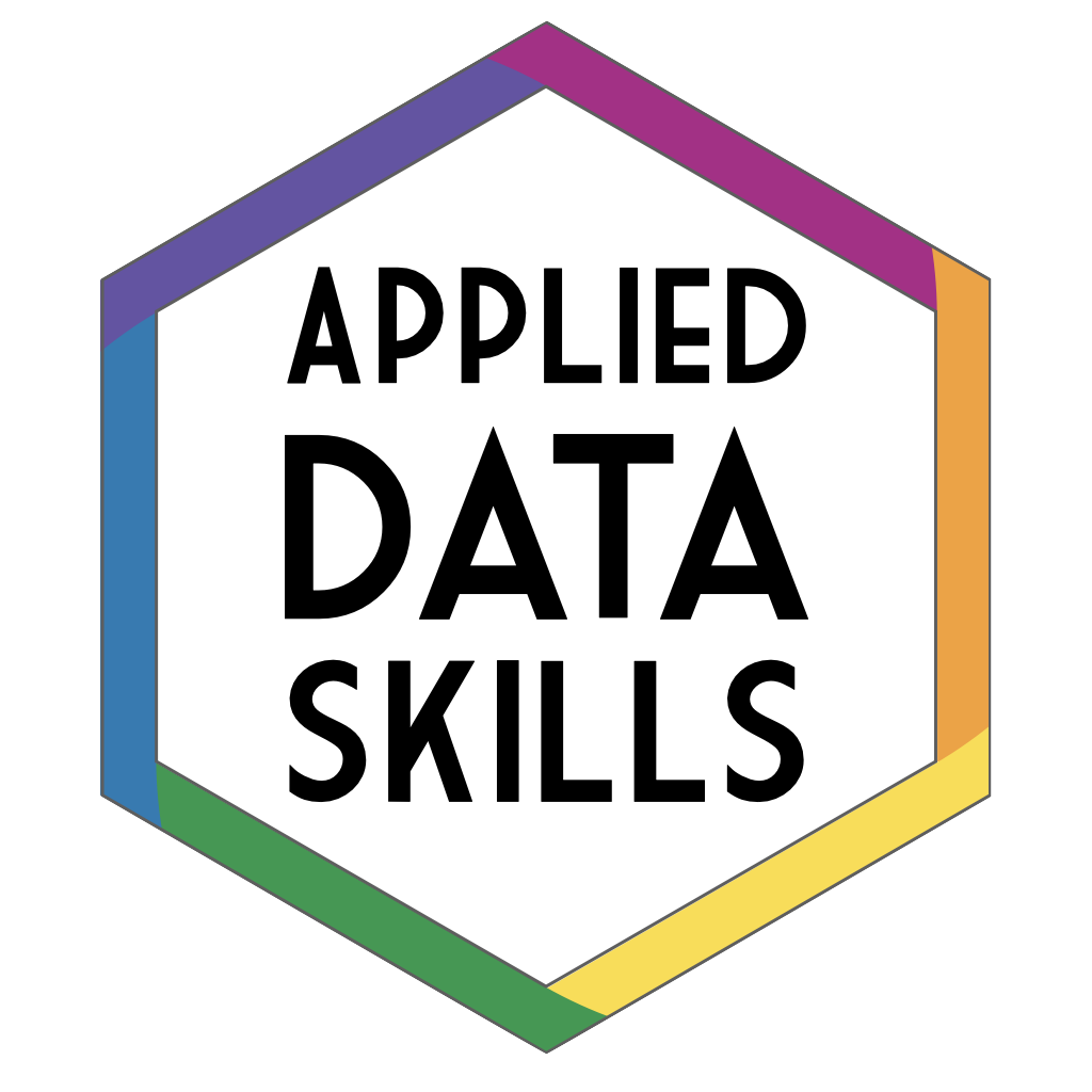 Hexagon with rainbow borders; text inside reads Applied Data Skills